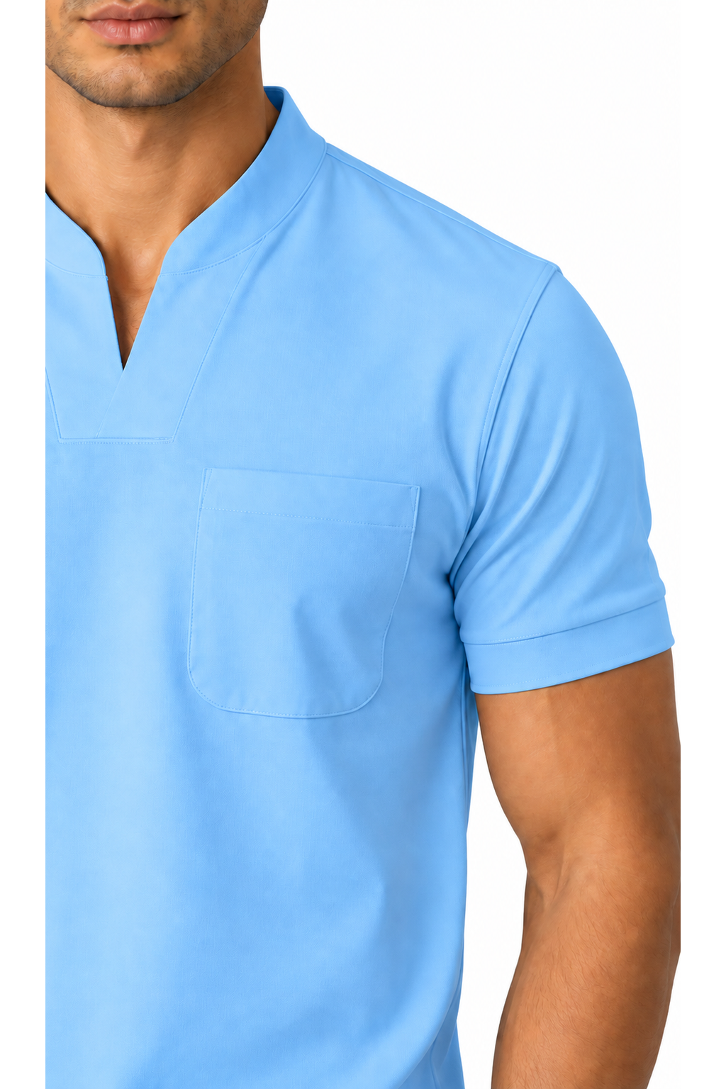 Ventorino athletic V-neck pocket T-shirt in light blue — fabric detail