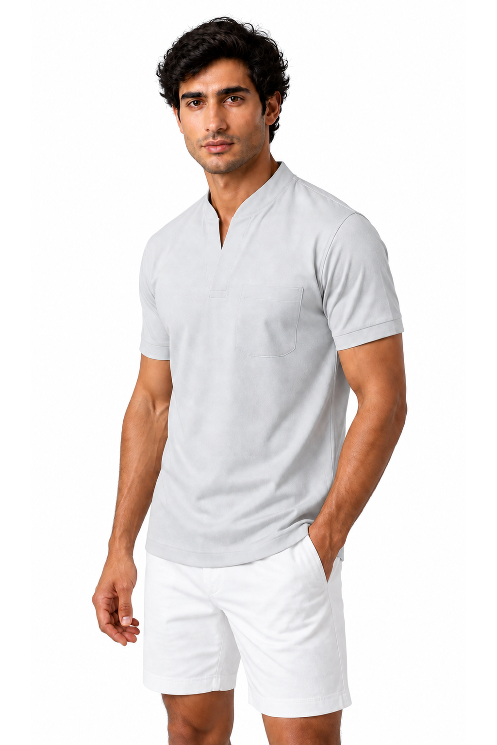 Ventorino athletic V-neck pocket T-shirt in light grey — model view