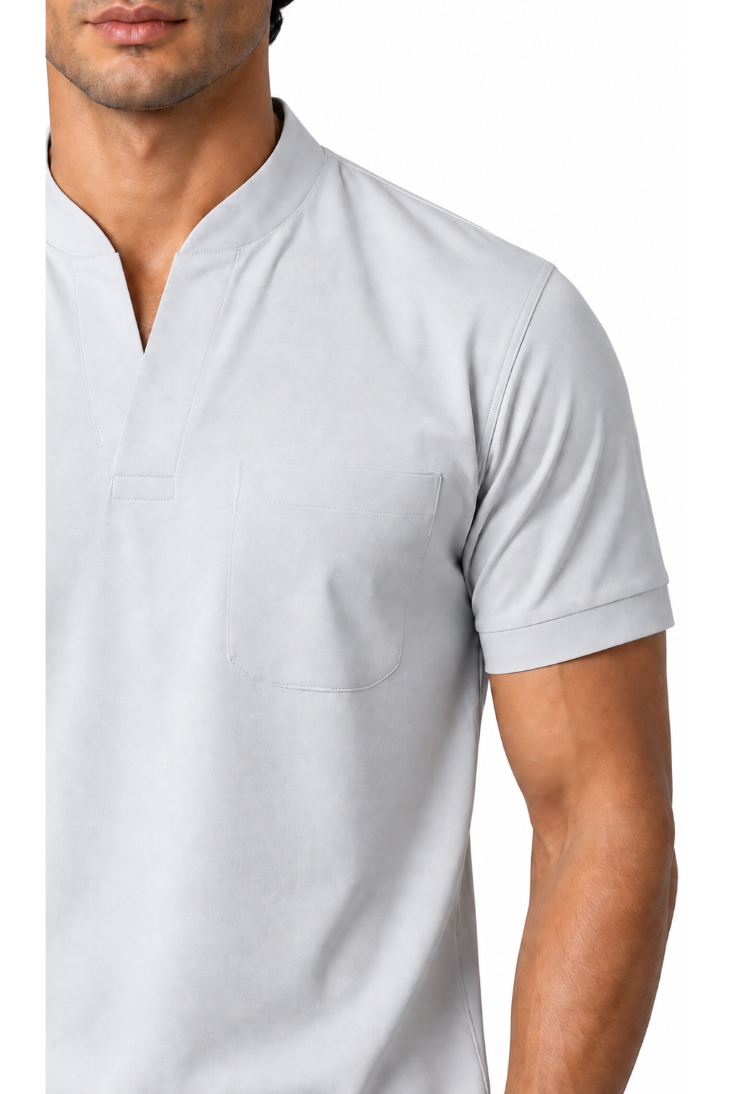Ventorino athletic V-neck pocket T-shirt in light grey — fabric detail