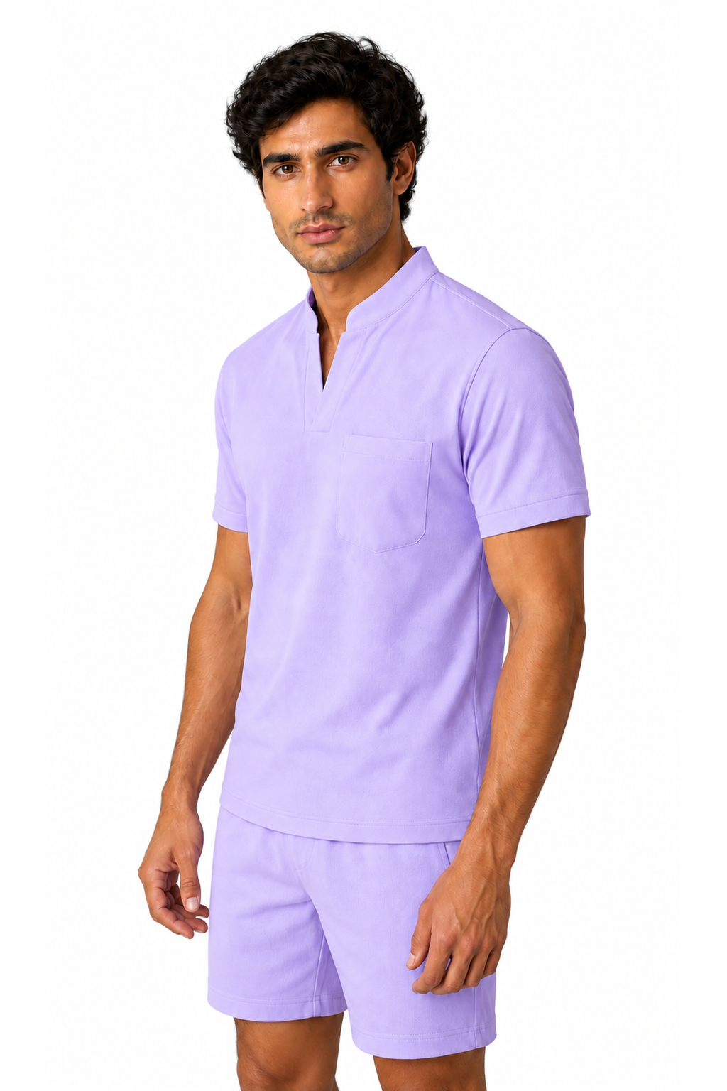 Ventorino athletic V-neck pocket T-shirt in light purple — model view