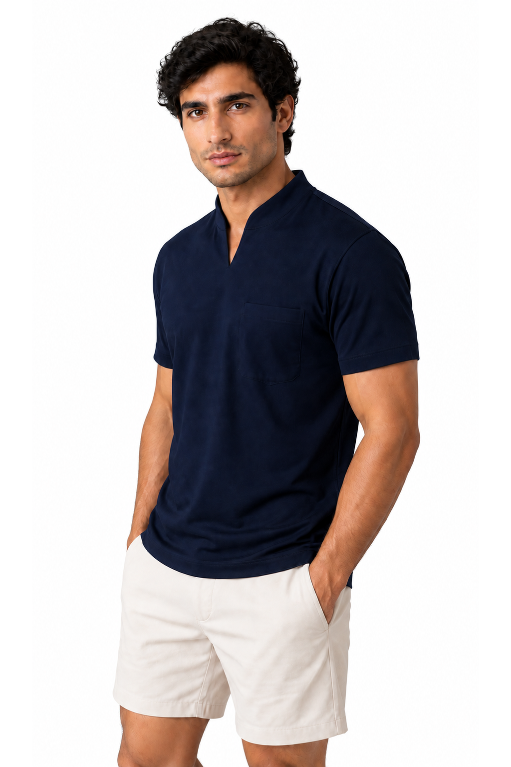 Ventorino athletic V-neck pocket T-shirt in navy blue — model view