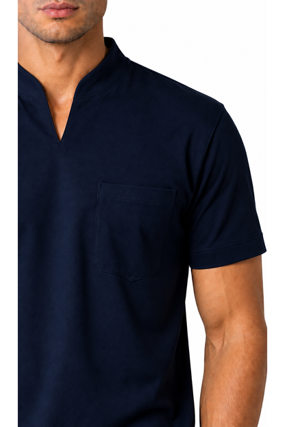 Ventorino athletic V-neck pocket T-shirt in navy blue — fabric detail