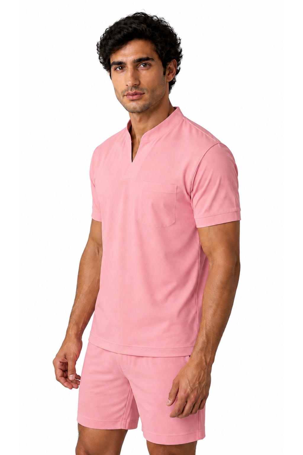 Ventorino athletic V-neck pocket T-shirt in pink — model view