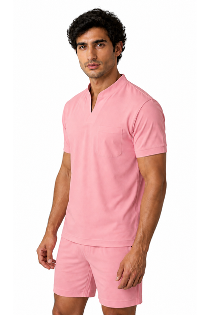 Ventorino athletic V-neck pocket T-shirt in pink — model view