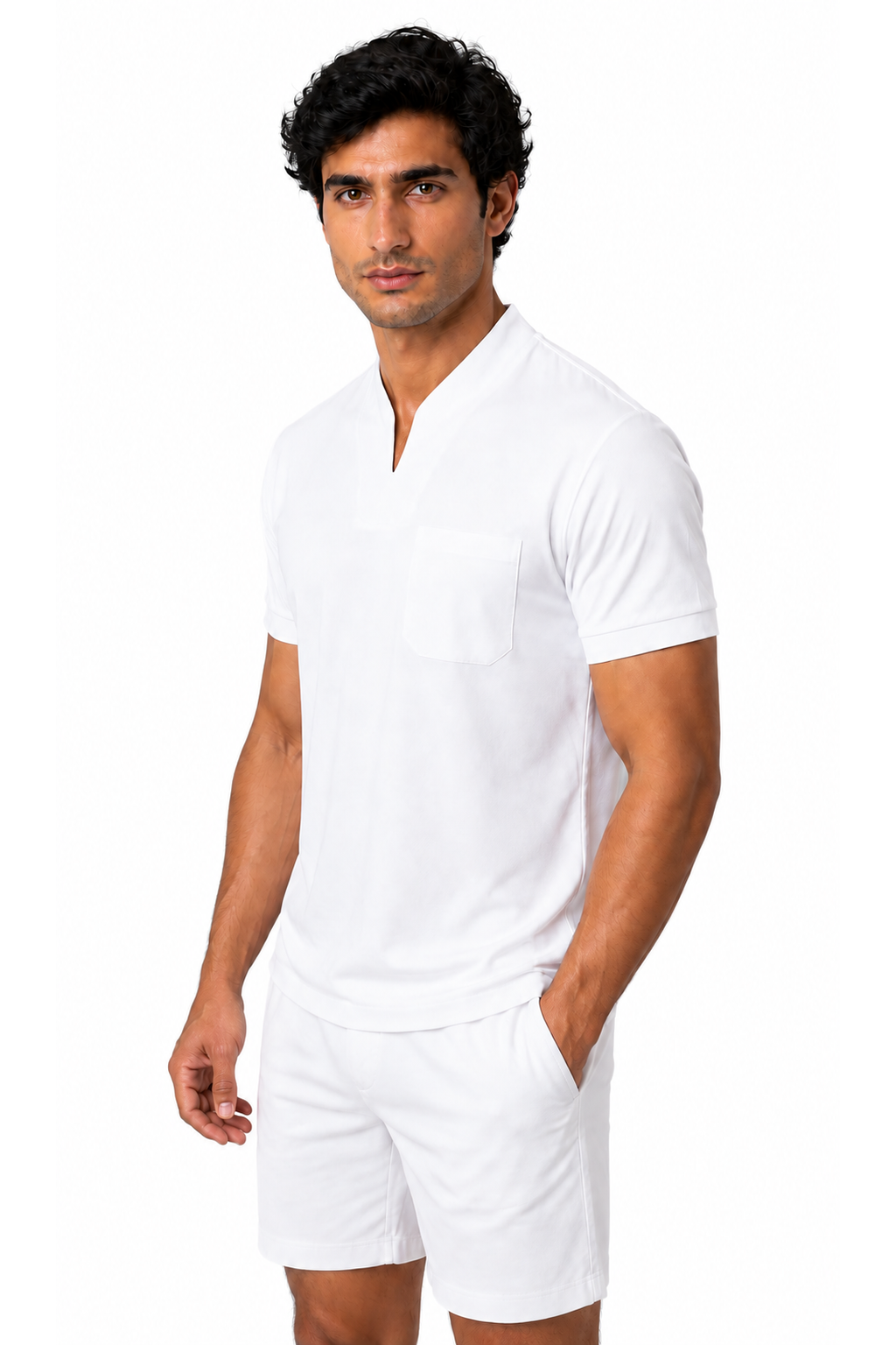 Ventorino athletic V-neck pocket T-shirt in white — model view