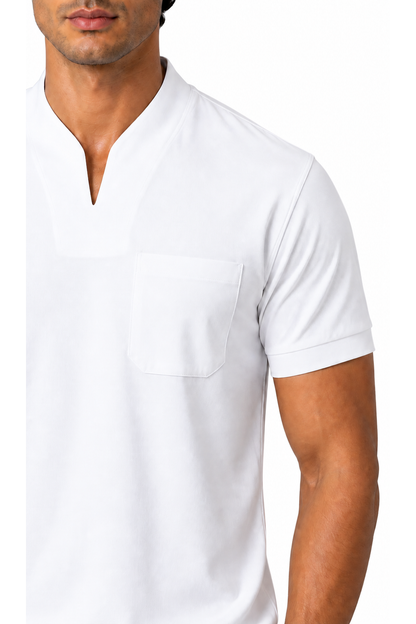 Ventorino athletic V-neck pocket T-shirt in white — fabric detail