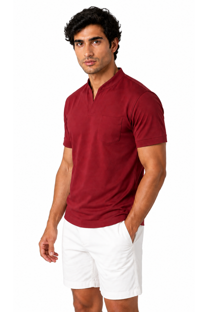 Ventorino athletic V-neck pocket T-shirt in wine red — model view