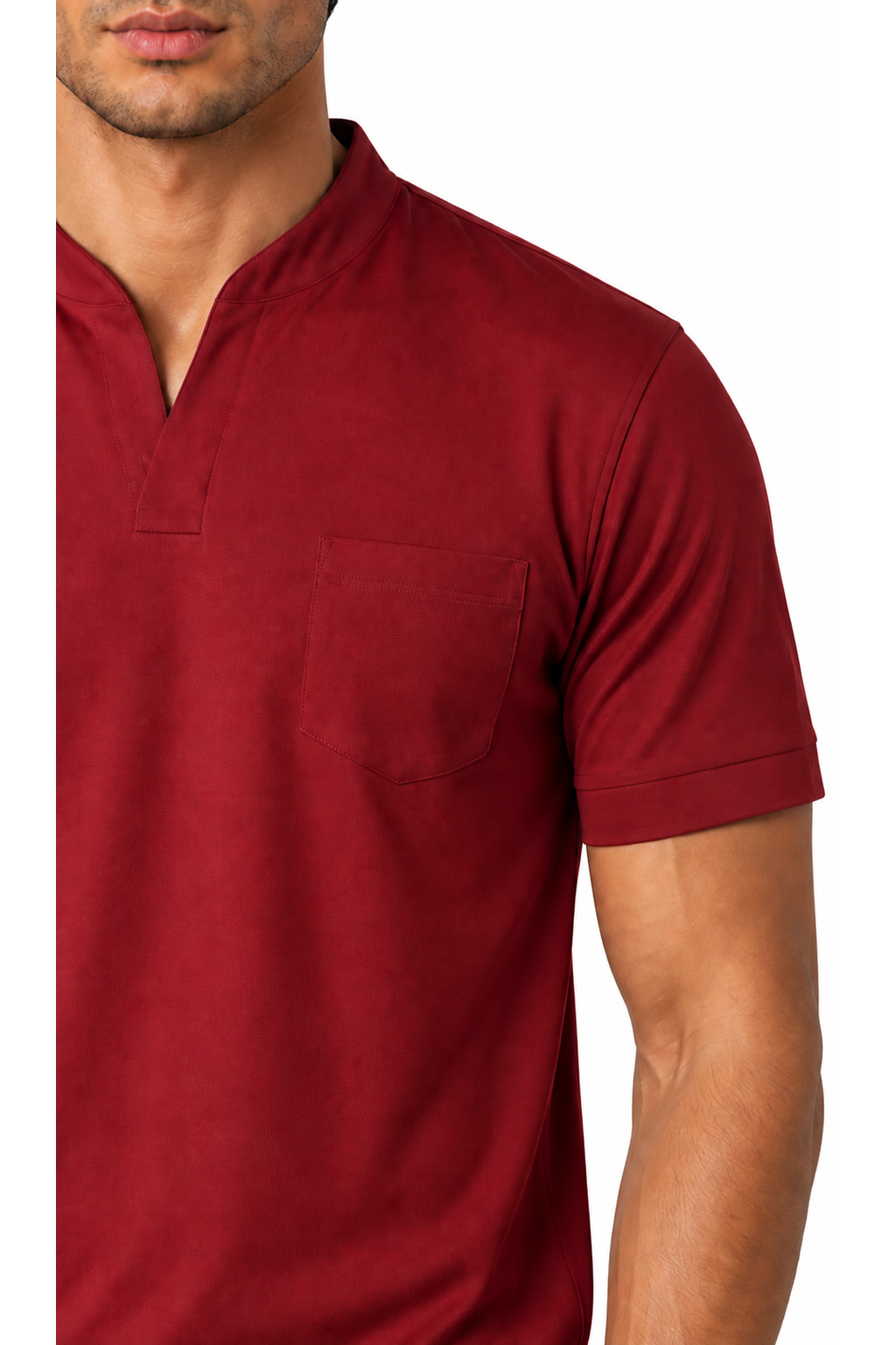 Ventorino athletic V-neck pocket T-shirt in wine red — fabric detail