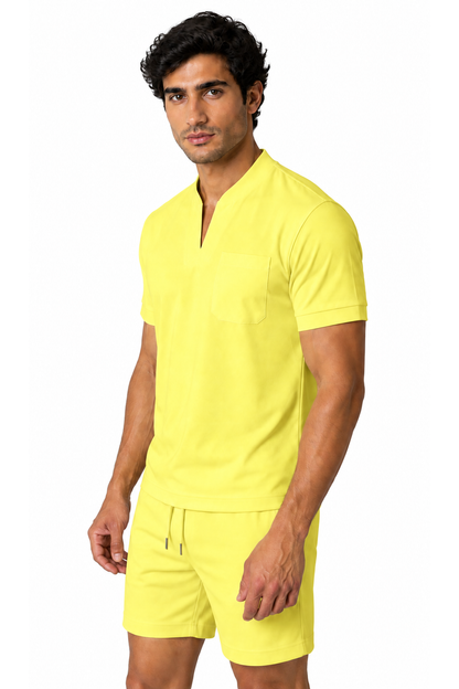 Ventorino athletic V-neck pocket T-shirt in yellow — model view