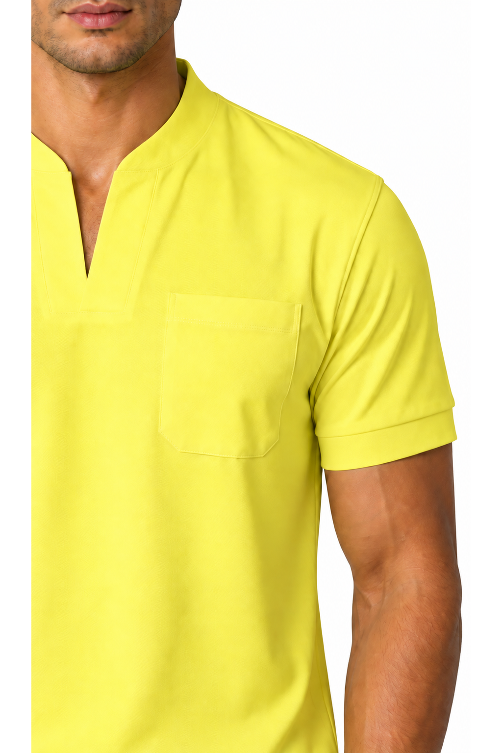 Ventorino athletic V-neck pocket T-shirt in yellow — fabric detail