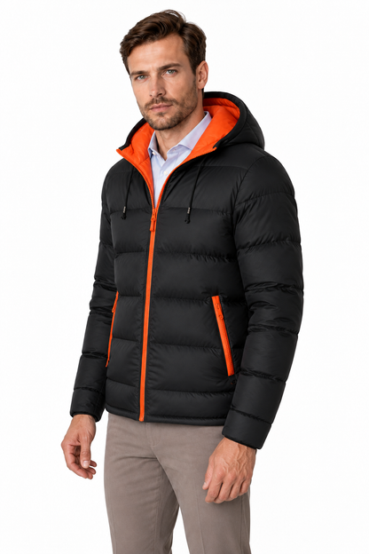 Ventorino Men's Puffer Jacket Colorblock Design Protective Hood | Ventorino in Orange — model three-quarter view