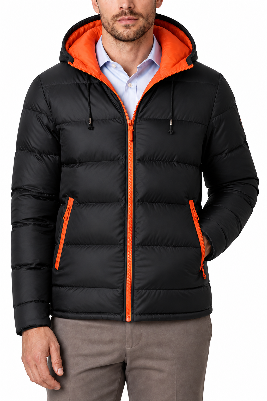 Ventorino Men's Puffer Jacket Colorblock Design Protective Hood | Ventorino in Orange — garment and fabric detail