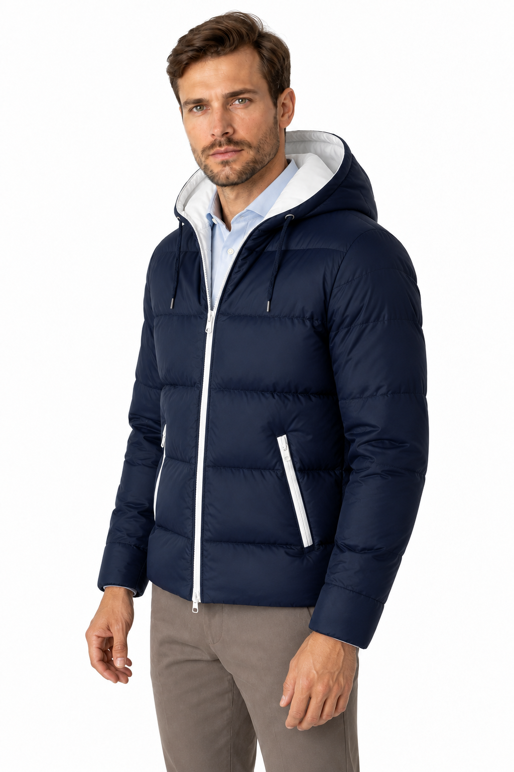 Ventorino Men's Puffer Jacket Colorblock Design Protective Hood | Ventorino in Navy blue — model three-quarter view