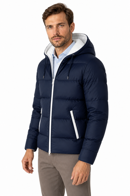 Ventorino Men's Puffer Jacket Colorblock Design Protective Hood | Ventorino in Navy blue — model three-quarter view