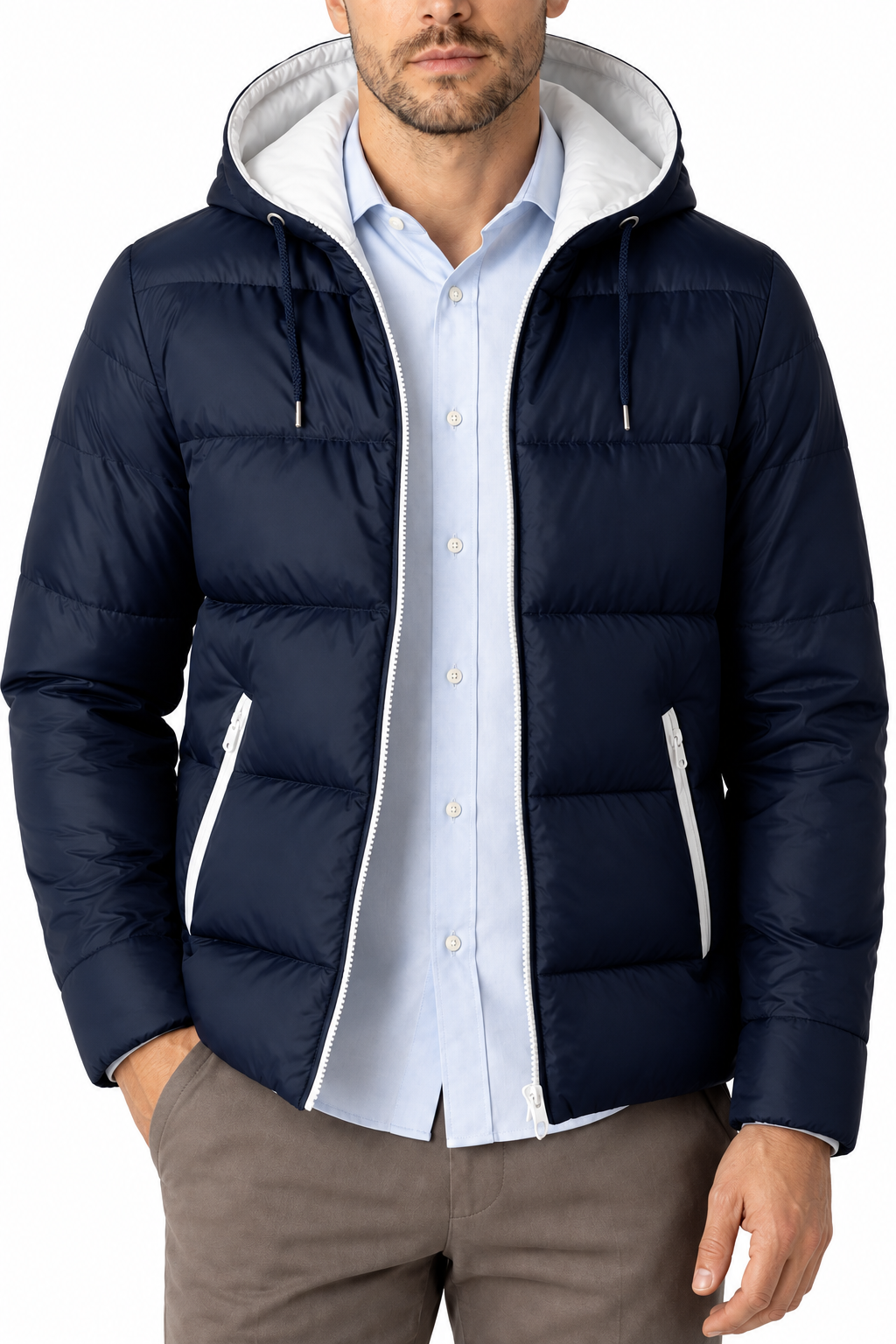 Ventorino Men's Puffer Jacket Colorblock Design Protective Hood | Ventorino in Navy blue — garment and fabric detail