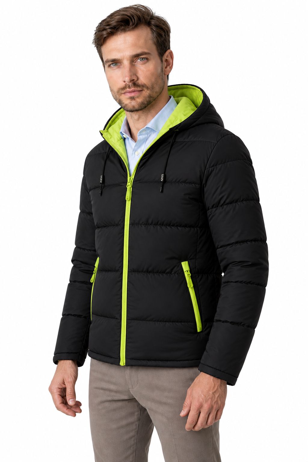 Ventorino Men's Puffer Jacket Colorblock Design Protective Hood | Ventorino in Green — model three-quarter view