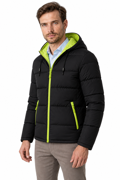 Ventorino Men's Puffer Jacket Colorblock Design Protective Hood | Ventorino in Green — model three-quarter view