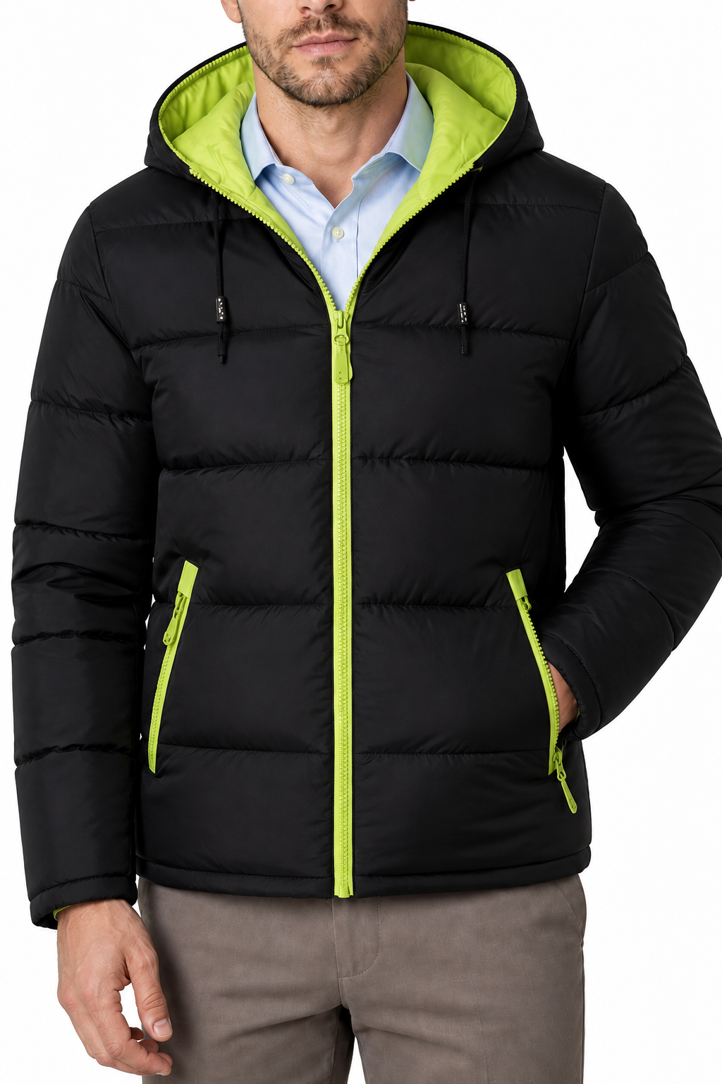 Ventorino Men's Puffer Jacket Colorblock Design Protective Hood | Ventorino in Green — garment and fabric detail