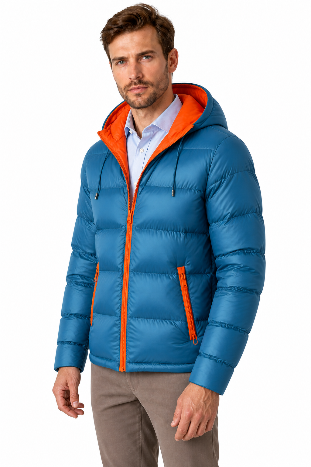 Ventorino Men's Puffer Jacket Colorblock Design Protective Hood | Ventorino in Blue — model three-quarter view