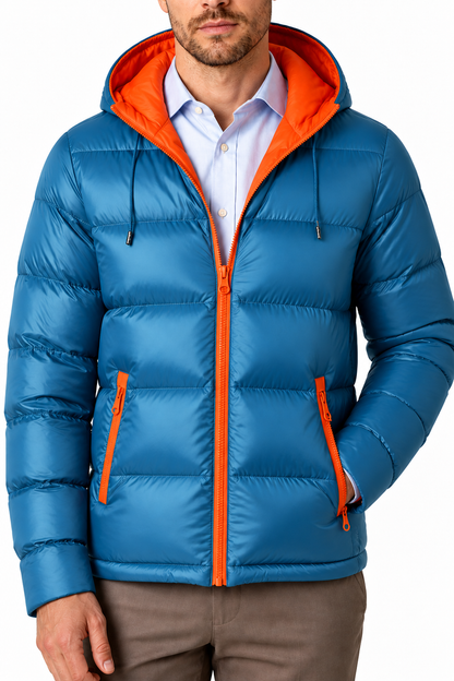 Ventorino Men's Puffer Jacket Colorblock Design Protective Hood | Ventorino in Blue — garment and fabric detail
