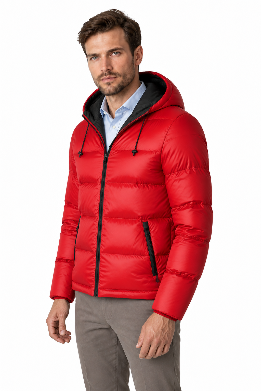 Ventorino Men's Puffer Jacket Colorblock Design Protective Hood | Ventorino in Red — model three-quarter view
