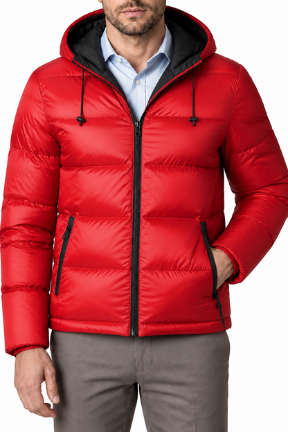 Ventorino Men's Puffer Jacket Colorblock Design Protective Hood | Ventorino in Red — garment and fabric detail