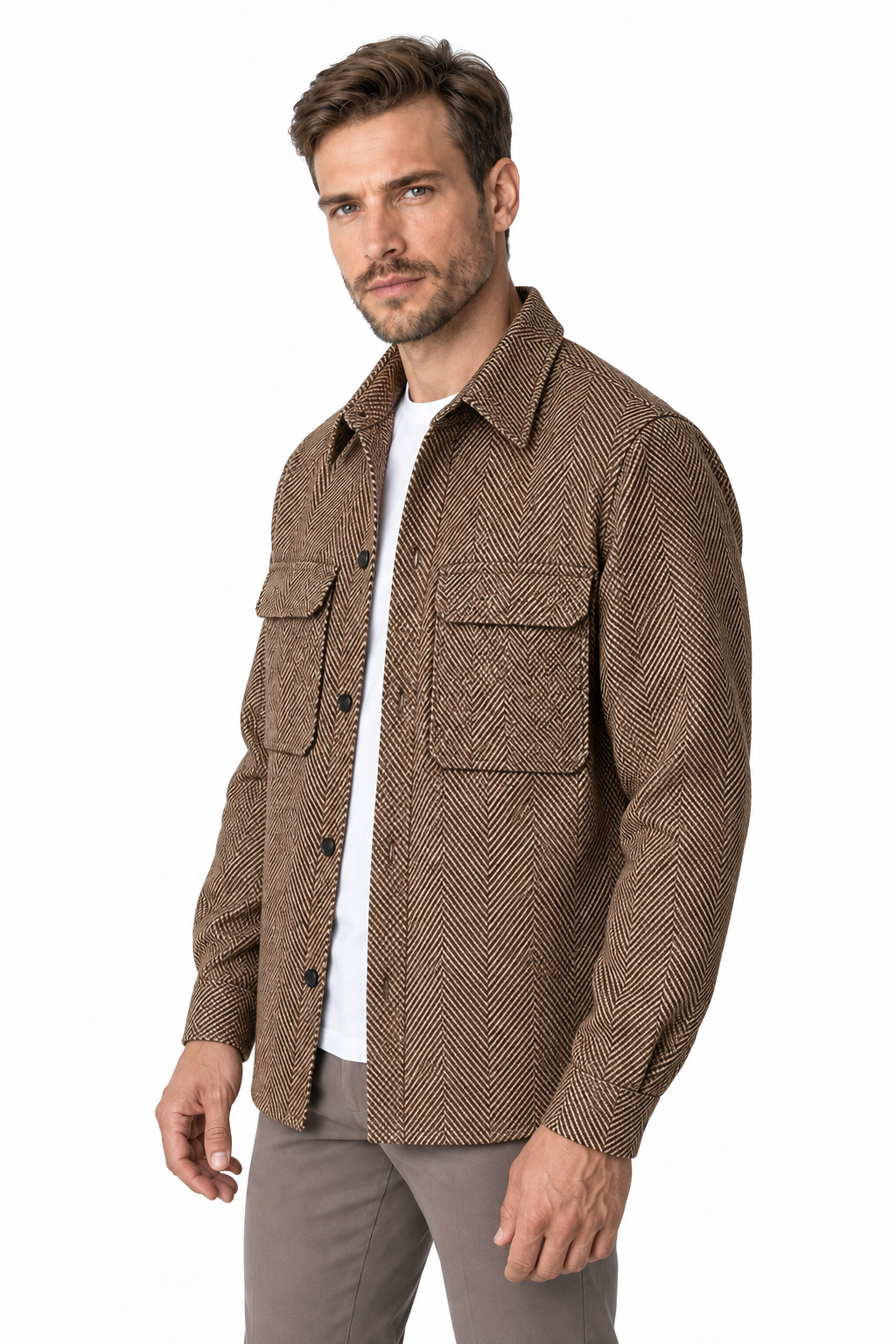 Ventorino Men's Overshirt Workwear Style Textured Fabric | Ventorino in Brown — model three-quarter view