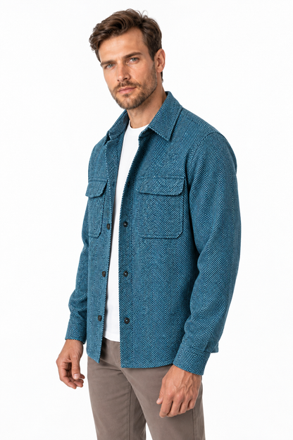 Ventorino Men's Overshirt Workwear Style Textured Fabric | Ventorino in Blue — model three-quarter view