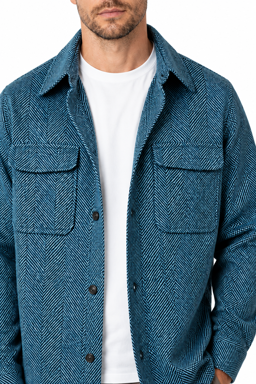 Ventorino Men's Overshirt Workwear Style Textured Fabric | Ventorino in Blue — garment and fabric detail