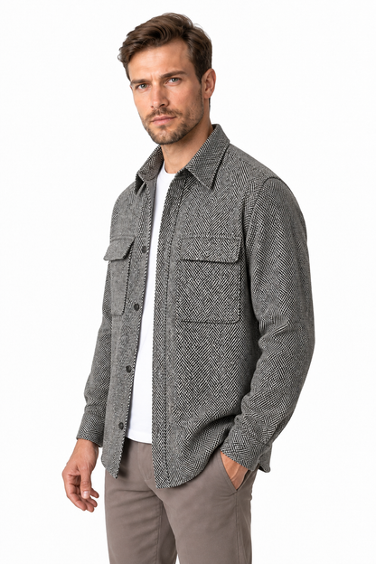 Ventorino Men's Overshirt Workwear Style Textured Fabric | Ventorino in Gray — model three-quarter view