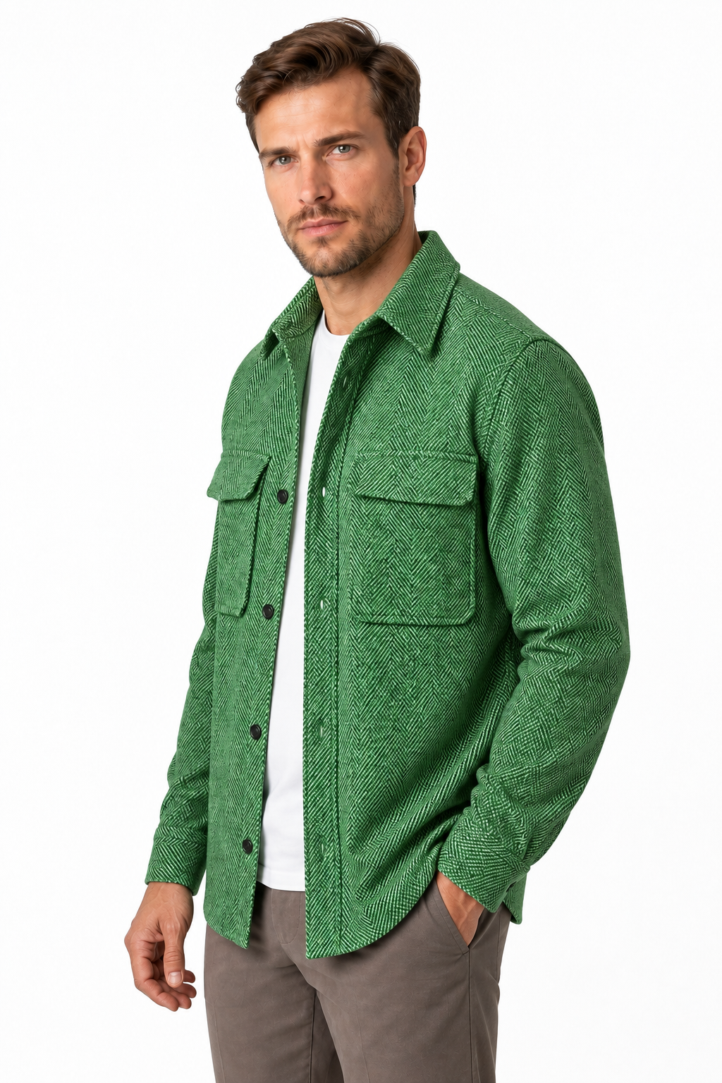 Ventorino Men's Overshirt Workwear Style Textured Fabric | Ventorino in Green — model three-quarter view