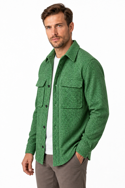 Ventorino Men's Overshirt Workwear Style Textured Fabric | Ventorino in Green — model three-quarter view