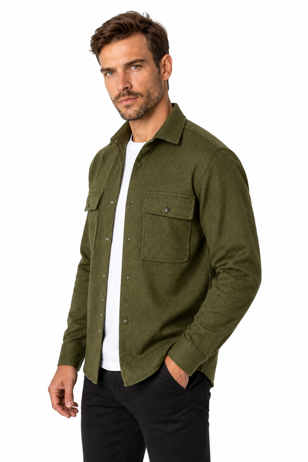 Ventorino Men's Overshirt Workwear Style Textured Fabric | Ventorino in Dark Green — model three-quarter view