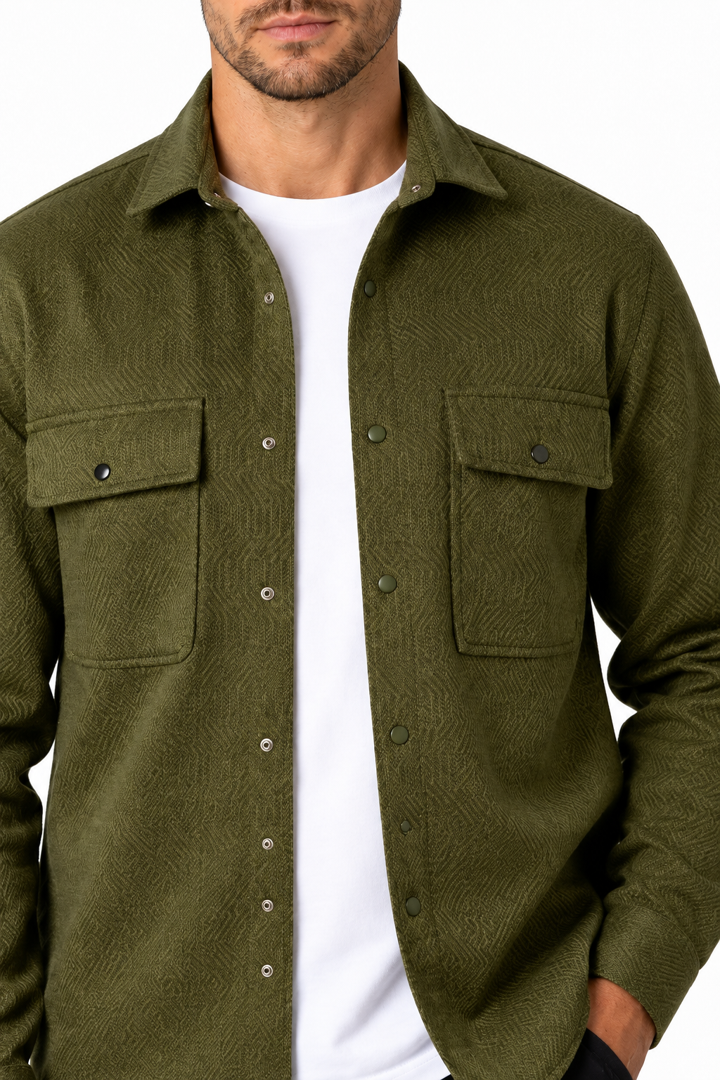Ventorino Men's Overshirt Workwear Style Textured Fabric | Ventorino in Dark Green — garment and fabric detail