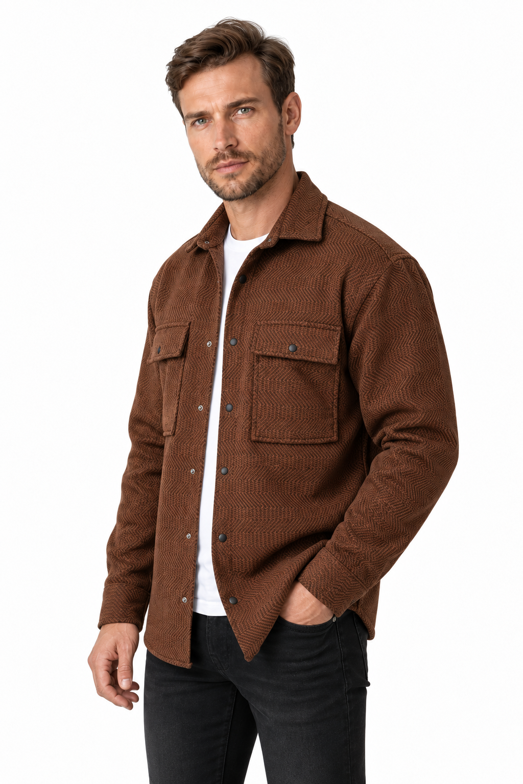 Ventorino Men's Overshirt Workwear Style Textured Fabric | Ventorino in Red — model three-quarter view