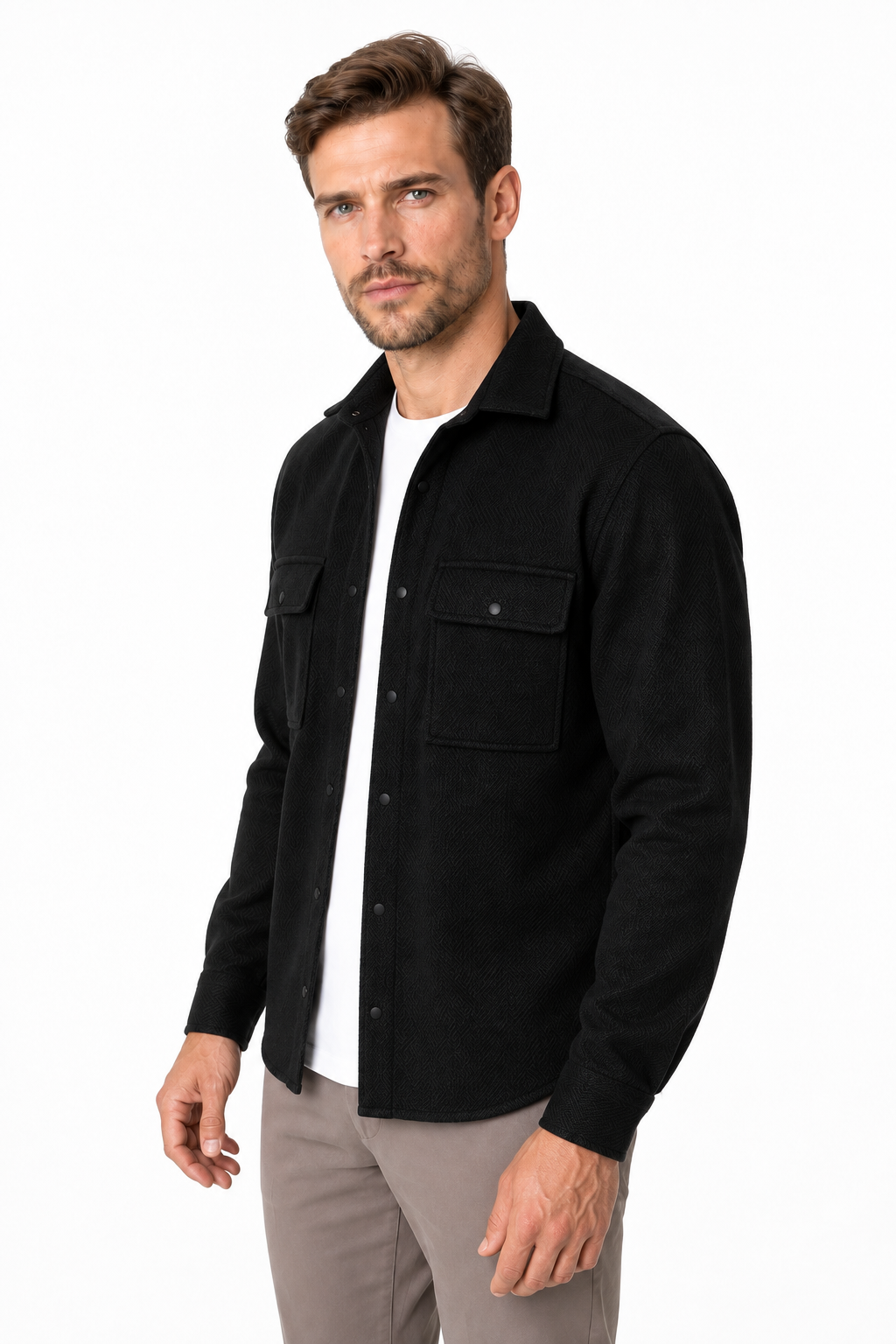 Ventorino Men's Overshirt Workwear Style Textured Fabric | Ventorino in Black — model three-quarter view