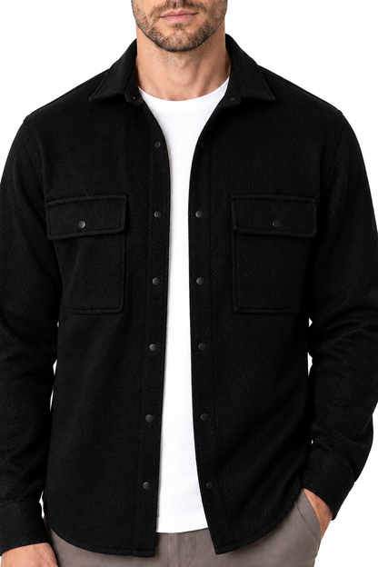 Ventorino Men's Overshirt Workwear Style Textured Fabric | Ventorino in Black — garment and fabric detail