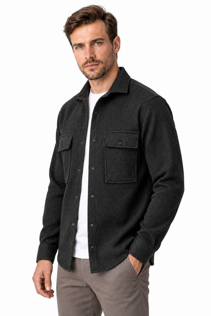 Ventorino Men's Overshirt Workwear Style Textured Fabric | Ventorino in Dark Gray — model three-quarter view