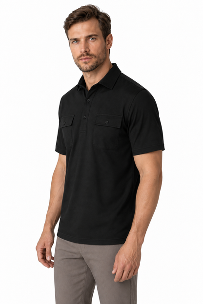 Ventorino Men's Polo Shirt Utility Pocket Casual Fit | Ventorino in Black — model three-quarter view