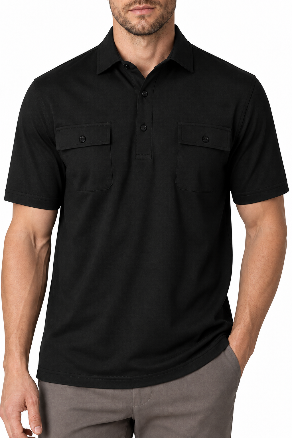 Ventorino Men's Polo Shirt Utility Pocket Casual Fit | Ventorino in Black — garment and fabric detail