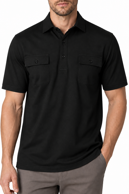 Ventorino Men's Polo Shirt Utility Pocket Casual Fit | Ventorino in Black — garment and fabric detail