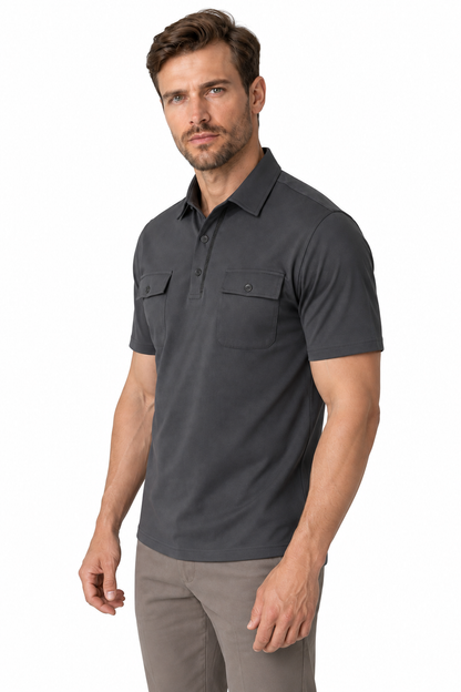 Ventorino Men's Polo Shirt Utility Pocket Casual Fit | Ventorino in Dark Gray — model three-quarter view