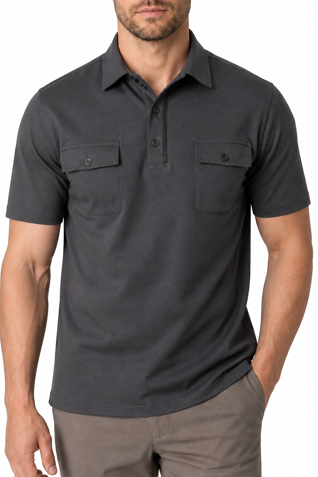 Ventorino Men's Polo Shirt Utility Pocket Casual Fit | Ventorino in Dark Gray — garment and fabric detail