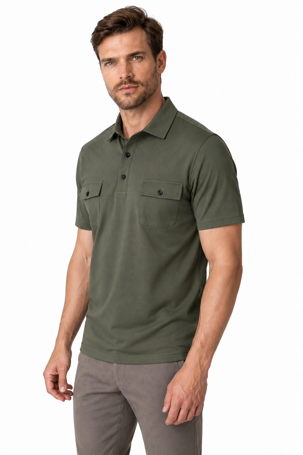 Ventorino Men's Polo Shirt Utility Pocket Casual Fit | Ventorino in Army Green — model three-quarter view