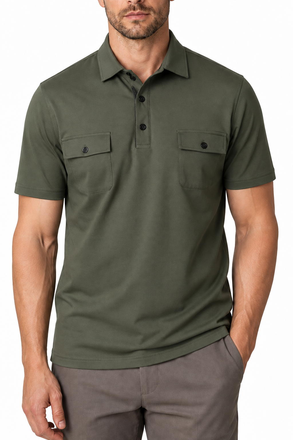Ventorino Men's Polo Shirt Utility Pocket Casual Fit | Ventorino in Army Green — garment and fabric detail