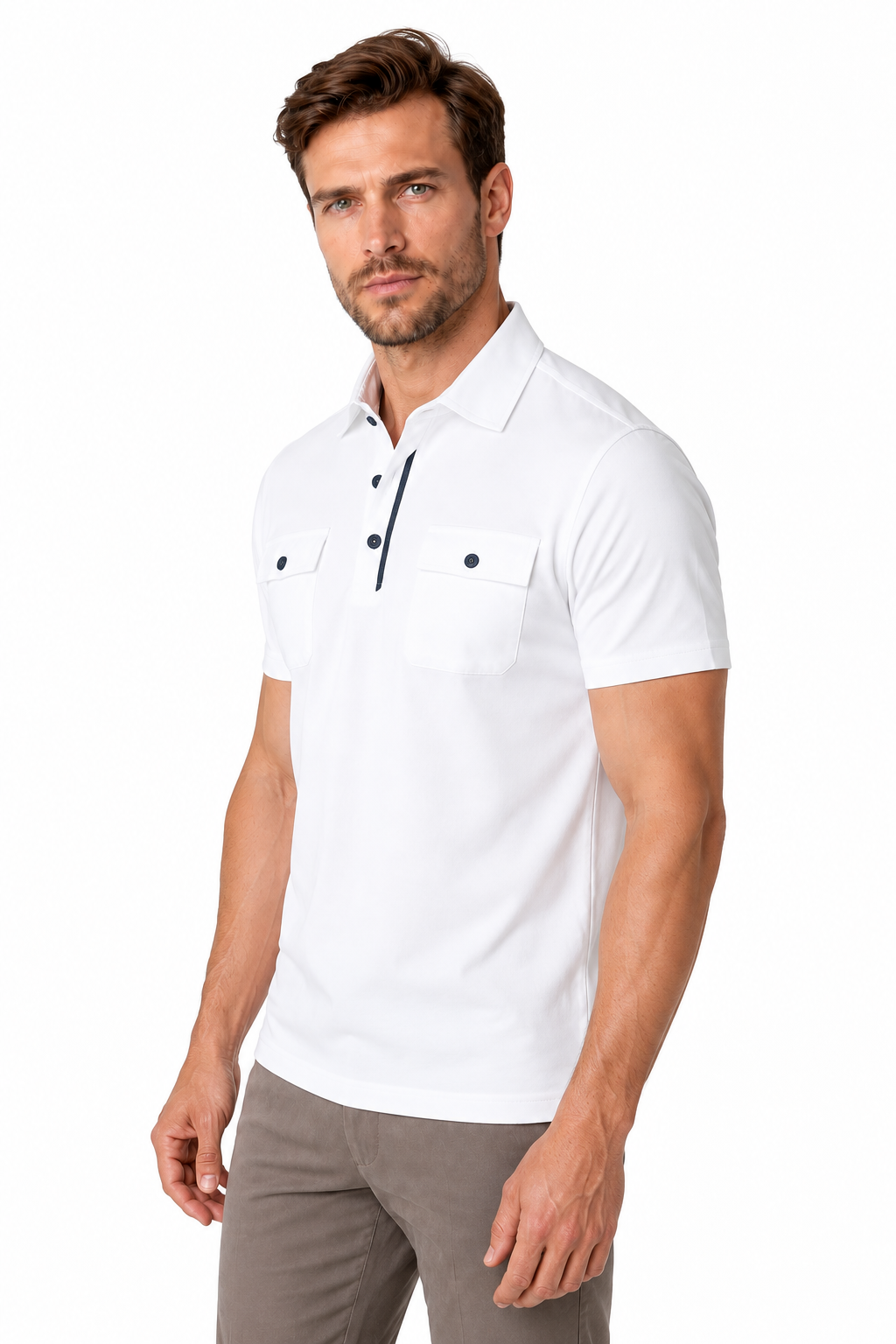 Ventorino Men's Polo Shirt Utility Pocket Casual Fit | Ventorino in White — model three-quarter view