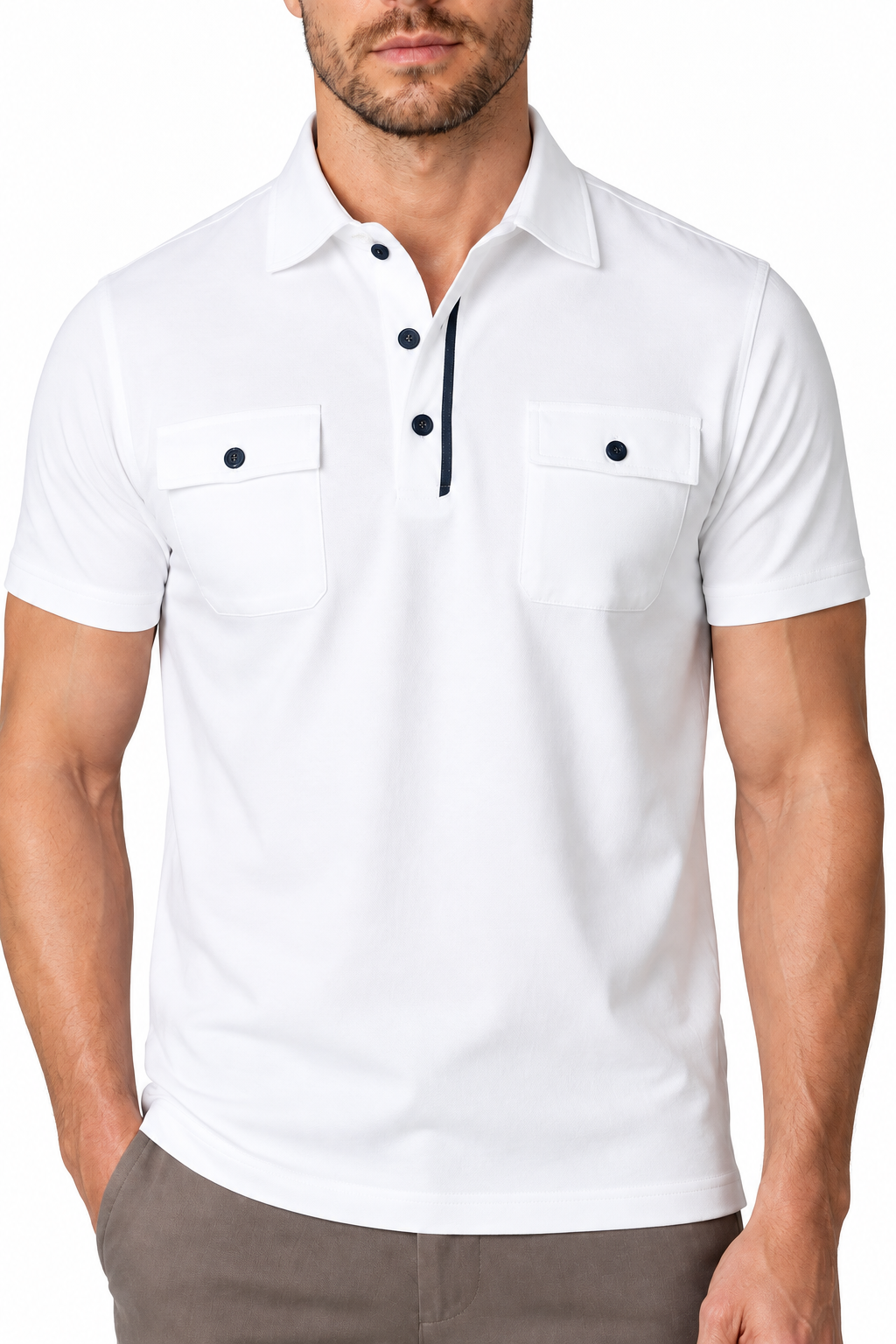 Ventorino Men's Polo Shirt Utility Pocket Casual Fit | Ventorino in White — garment and fabric detail