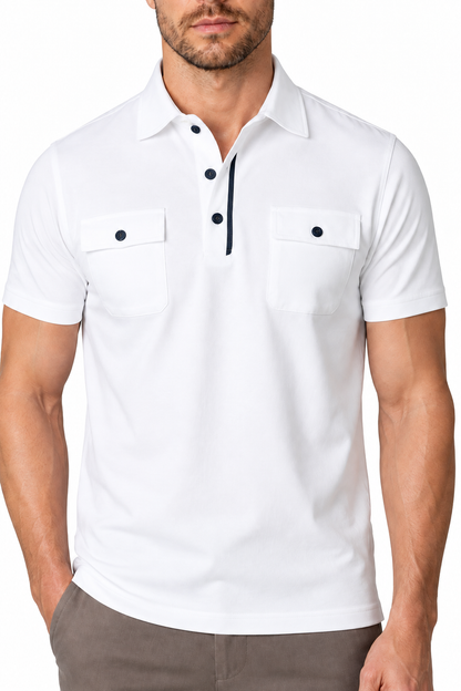 Ventorino Men's Polo Shirt Utility Pocket Casual Fit | Ventorino in White — garment and fabric detail