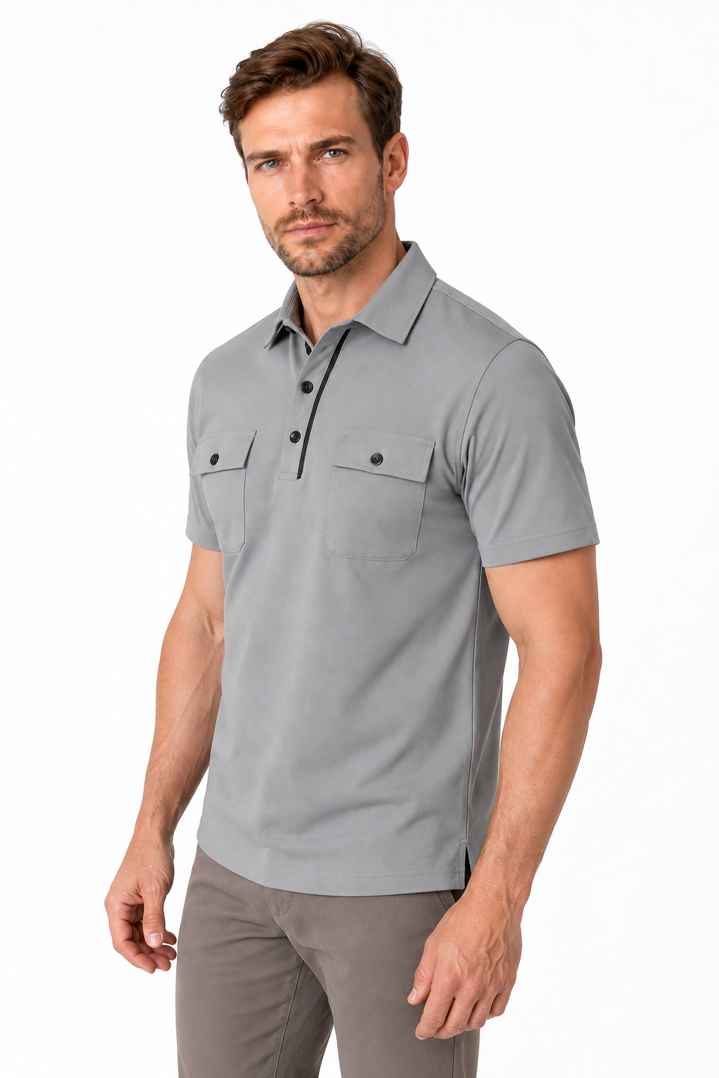 Ventorino Men's Polo Shirt Utility Pocket Casual Fit | Ventorino in Light Gray — model three-quarter view