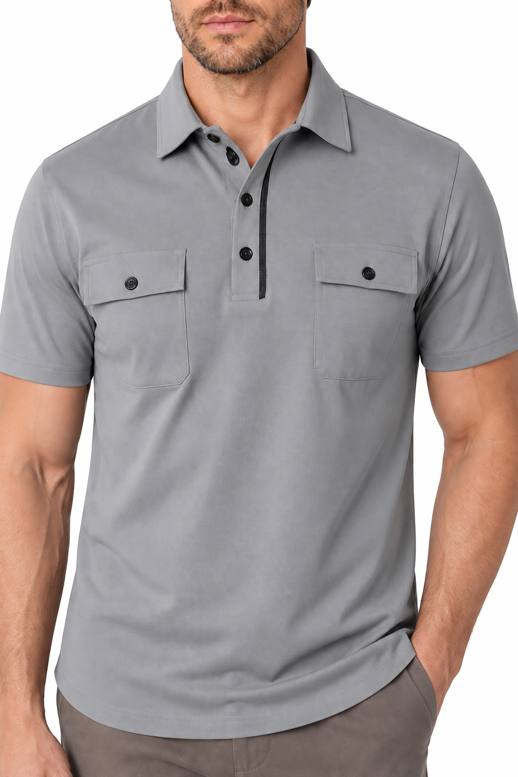 Ventorino Men's Polo Shirt Utility Pocket Casual Fit | Ventorino in Light Gray — garment and fabric detail